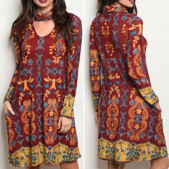 Trend Setter Diva Boutique Dresses & Skirts - WINE MUSTARD PRINT DRESS